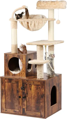 Miniatura 10 de Timberer Árbol para gatos con recinto para caja de arena, torre para gatos 2 en 1 para gatos de interior, condominio grande de madera para gatos