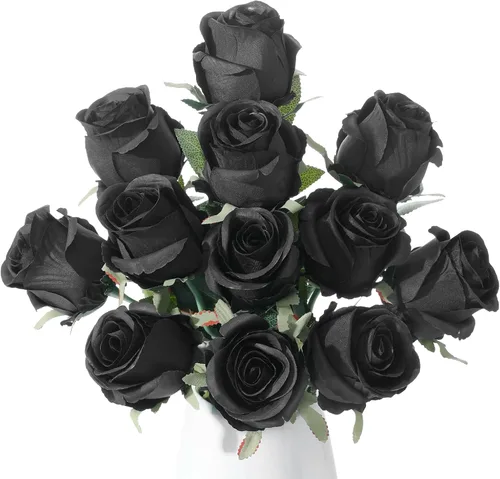12 rosas artificiales negras – Rosa falsa de terciopelo de seda realista con tallos largos para ramos de boda del día de San Valentín, decoración