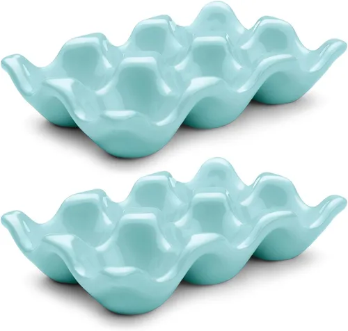 Miniatura 30 de Flexzion Organizador de huevos cerámico para nevera - Bandeja de huevos de 6 tazas, contenedor de porcelana para media docena, organizador de Gris