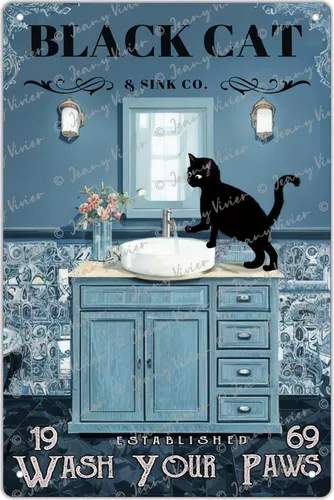 Zomyto Letrero de metal retro para decoración de baño, diseño de gato negro con texto en inglés "Wash Your Paws", divertido póster para baño, baño,