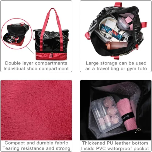 Miniatura 5 de fancyfree Bolsa de doble capa, bolsa de viaje grande con compartimento inferior para zapatos, bolsa de lona ideal para mujeres y hombres