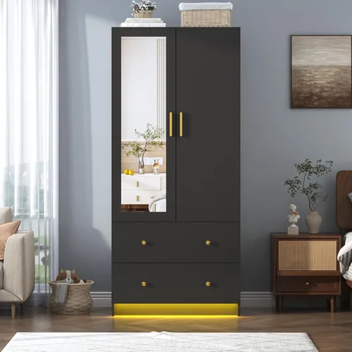 Miniatura 9 de Armario de 3 puertas con espejo, armario LED con puertas y cajones, armario de almacenamiento de madera con barra para colgar, estantes ajustables