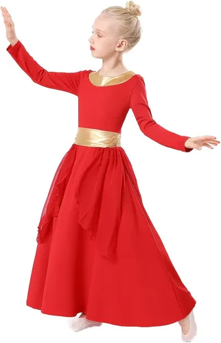 Miniatura 2 de REXREII - Traje de baile con cintura metálica de manga larga litúrgica para niñas