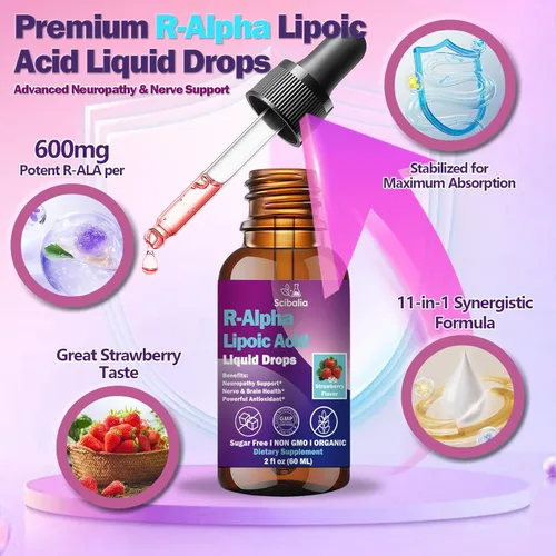 Miniatura 5 de R Ácido Alfa Lipoico 600mg Gotas Líquidas para Neuropatía, Suplemento R-ALA Estabilizado Avanzado 11-en-1 con Benfotiamina Acetil L-Carnitina