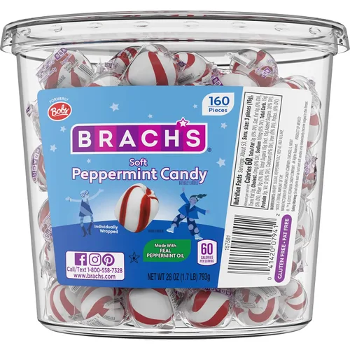 Brach's Bobs Sweet Stripes - Caramelo suave de menta, 160 piezas envueltas individualmente, tarro de 28 onzas