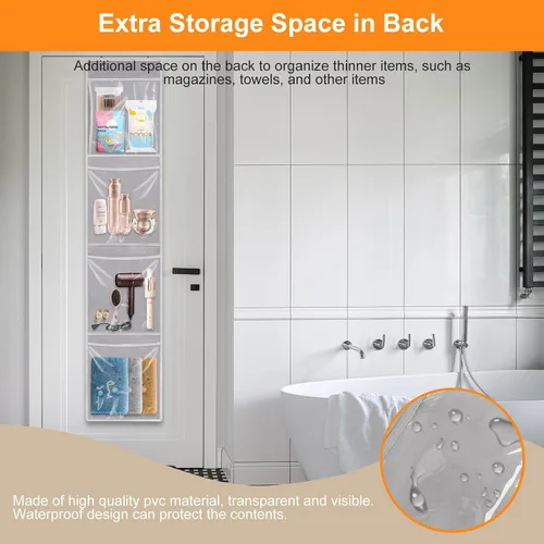 Miniatura 9 de Woodoulogy Organizador y almacenamiento para colocar sobre la puerta, soporte de juguetes colgante con 4 bolsas extraíbles transparentes, funda