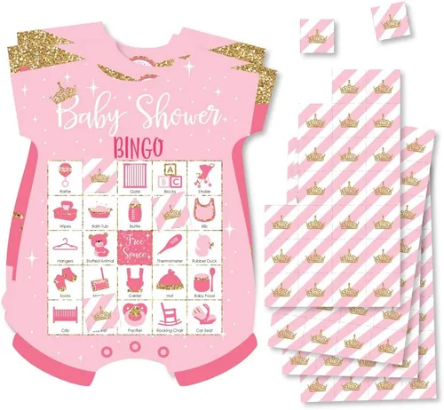 Big Dot of Happiness Little Princess Crown - Tarjetas y marcadores de bingo con imágenes - Juego de bingo con forma de princesa rosa y dorado para