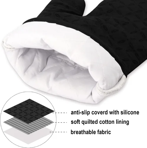 Miniatura 3 de KEGOUU Juego de 6 manoplas para horno y soportes para ollas, guantes para horno de cocina, resistentes al calor, 500 grados, extra largos, Negro
