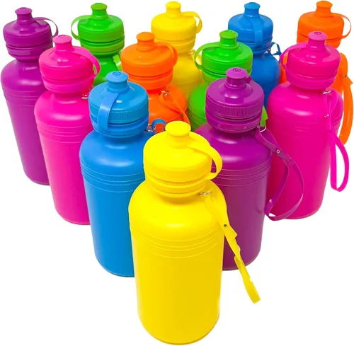 Podzly Botellas de agua a granel para niños, paquete de 12 – Botellas de agua de plástico neón de 18 onzas a granel – Botellas deportivas