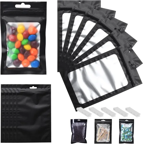 Miniatura 16 de 400 bolsas de Mylar resellables de 4 x 5 pulgadas, color negro, para almacenamiento de alimentos, bolsa resellable de Mylar con ventana transparente