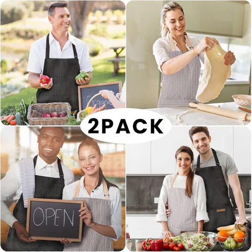 Miniatura 7 de BeLuyi Paquete de 2 delantales ajustables con 2 bolsillos para cocinar, cocina, restaurante, delantales para mujeres y hombres