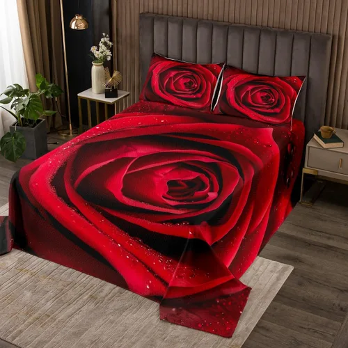 Miniatura 2 de Juego de colcha de rosas tamaño Queen, romántico juego de edredón floral de rosas rojas para niñas y mujeres, ropa de cama de rosa 3D con gota