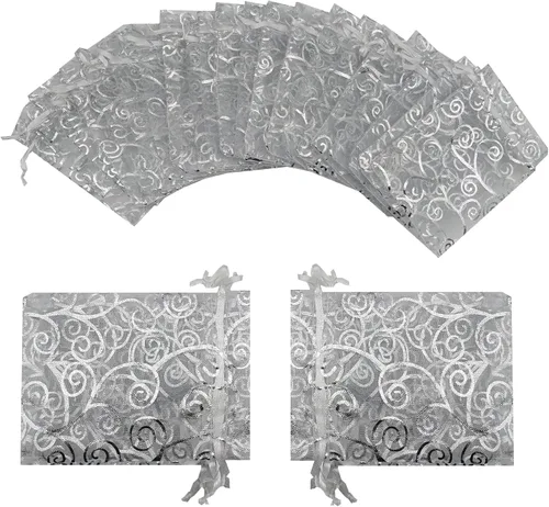 Miniatura 5 de Bolsitas de organza transparentes con impresión de ratán Ankirol, ideales para bodas y fiestas del bebé, para regalos o muestras (100 unidades)