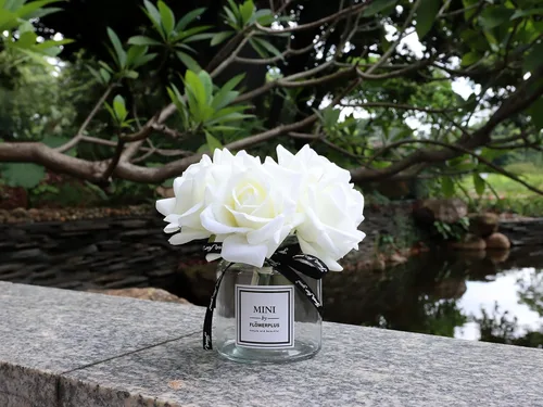 Miniatura 9 de Flores artificiales con rosas blancas en jarrón, flores falsas en tarro de cristal con cinta, arreglos florales de seda en jarrón con flores