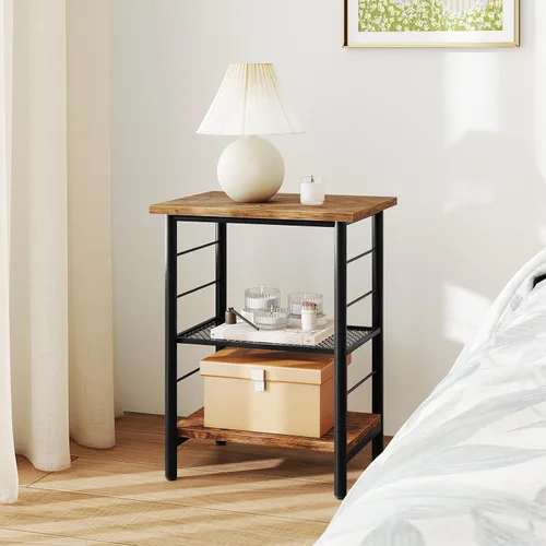 Miniatura 2 de GOFLAME Mesa auxiliar industrial de 3 niveles, mesita de noche con estante de metal de malla extraíble, almohadillas niveladoras ajustables, mesa
