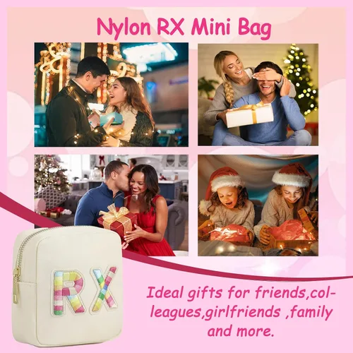 Miniatura 6 de uekeboag Bolsa Cosmética Personalizada Pequeña de Nylon, Linda Bolsa de Medicamentos con Parche de Letras de Chenilla y Cremallera, Bolsa de Viaje