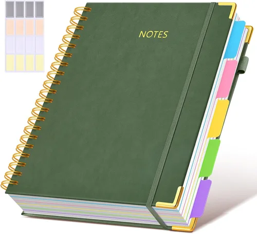 Miniatura 42 de Cuaderno universitario de espiral con tapa dura de cuero de 8 x 10 pulgadas, con pestañas separadoras extraíbles, para 5 materias, a rayas; diario