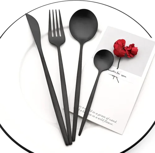 Miniatura 2 de Juego de cubiertos de 24 piezas con acabado mate, cubiertos básicos de acero inoxidable 18/0 para el hogar, cocina, boda, fiesta y restaurante, Negro
