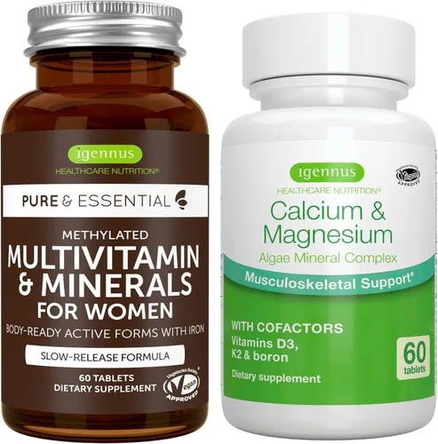 Multivitamínico y minerales para mujeres + paquete vegano de complejo de calcio y magnesio, multivitamínico avanzado de liberación sostenida +