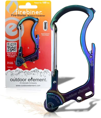 Miniatura 13 de OUTDOOR ELEMENT Firebiner 6-en-1 - Mosquetón Iniciador de Fuego EDC Multiherramienta de Emergencia - Llavero, Cuchilla Utilitaria, Abrebotellas y Más