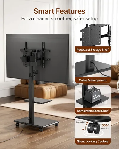 Miniatura 4 de Soporte de TV rodante con base de acero para televisores de 37 a 86 pulgadas hasta 50 kg, soporte móvil para TV con rotación, inclinación y giro