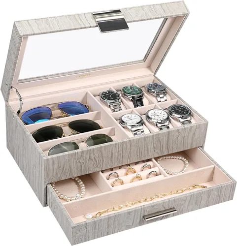 LANDICI Caja organizadora de relojes para hombres y mujeres, 2 capas y 6 ranuras de piel sintética con parte superior de cristal, soporte grande