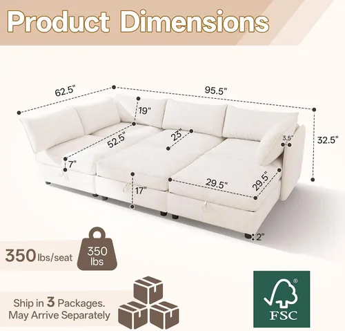 Miniatura 2 de 95.5" Sofá seccional modular de chenilla con almacenamiento oculto, sofá cama convertible en forma de L y U, sofá seccional moderno de 6 plazas