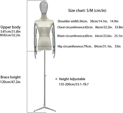 Miniatura 4 de Forma de vestido de maniquí dorado ajustable con trípode, brazos y cabeza desmontables, modelo de visualización de tamaño mediano para ropa, joyas