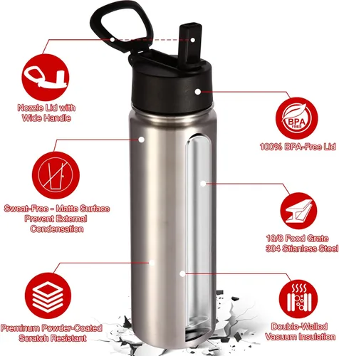 Miniatura 5 de Volhoply Botellas de agua aisladas con popote a granel, paquete de 8, botella deportiva de acero inoxidable de 22 onzas con tapa con asa, tazas