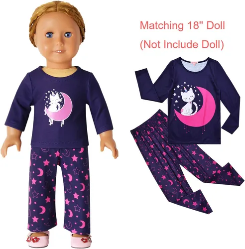 Miniatura 42 de QPANCY Conjunto de pijamas a juego para niñas y muñecas, pijamas de manga larga para otoño e invierno