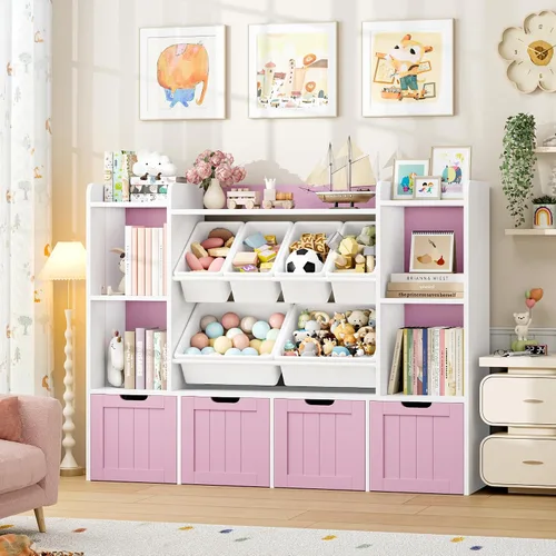 Miniatura 8 de FINETONES Organizador de almacenamiento de juguetes de 55.1 pulgadas con 6 cubos de juguetes, organizador grande de juguetes, estantería para niños