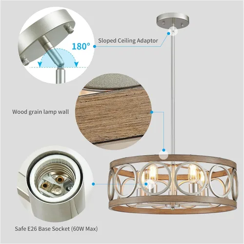 Miniatura 3 de XINGQI Candelabro de tambor de 21.7 pulgadas, lámpara de comedor de granja, iluminación de cocina de níquel cepillado de grano de madera, 5 luces