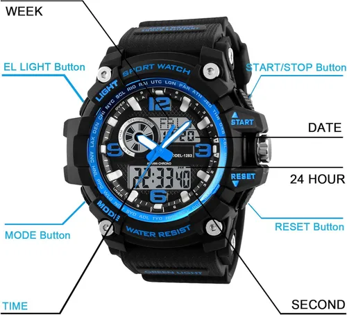 Miniatura 3 de Reloj deportivo analógico digital LED 50M impermeable para hombre reloj deportivo al aire libre militar multifunción casual doble pantalla de 12