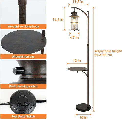 Miniatura 7 de beaysyty Lámparas de pie ajustables retro de granja con bandeja, lámpara de pie alta para dormitorio, decoración del hogar para oficina, sala
