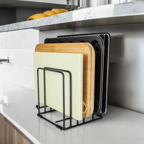 Miniatura 6 de Organizador de tabla de cortar para gabinete de cocina, estante de almacenamiento de hojas de galletas, soporte divisores de gabinete con 5 ranuras