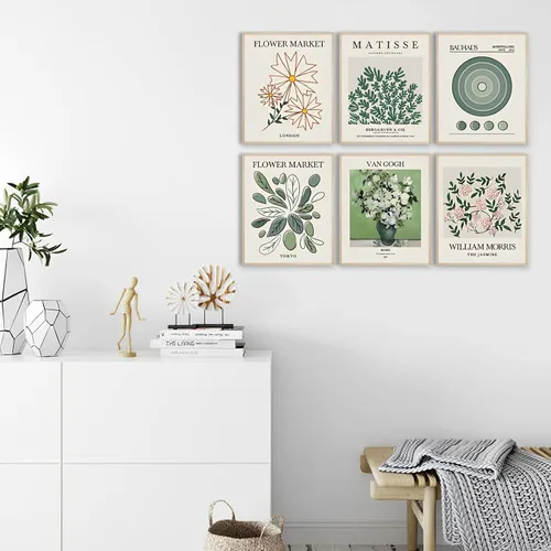 Miniatura 4 de Juego de 6 piezas de arte abstracto bohemio para pared, impresiones modernas de flores y lienzo Matisse verde salvia, sin marco, de 8 x 10 pulgadas