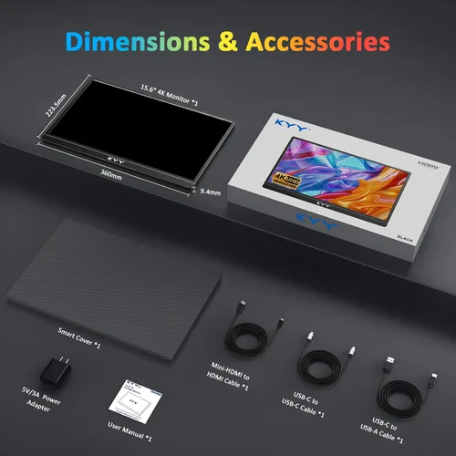Miniatura 9 de KYY Monitor portátil 4K para laptop, extensor de pantalla de computadora de 15.6 pulgadas, UHD 3840 x 2160, 100% sRGB, 400 nits, monitor de viaje