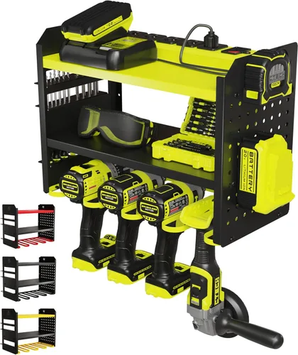 BUILTSTRONG Organizador de almacenamiento de herramientas de metal resistente - Organizador de montaje en pared de 3 niveles, soporte de taladro,