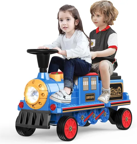 ANPABO - Tren de montar de 2 plazas sin pista, automóvil eléctrico de 12 V para niños con asiento de altura ajustable, almacenamiento extra, faro,