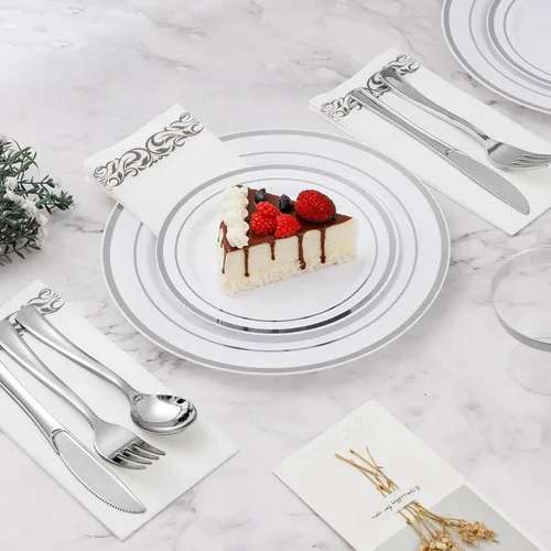 Miniatura 5 de BESTVIP 100 piezas de platos de postre de plástico plateado de 7 pulgadas, plato desechable con borde plateado para ensalada/pastelitos pequeños