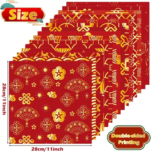 Miniatura 2 de Haooryx Juego de 60 piezas de papel estampado del Año Nuevo Chino, de doble cara de 11'x11', rojo y dorado, tema del Festival de Primavera, papel