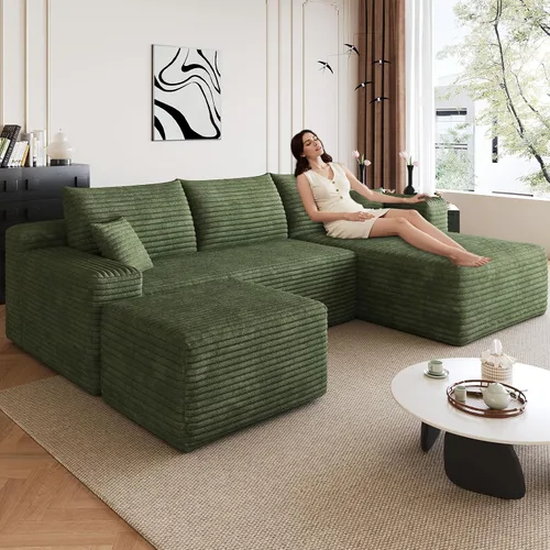 Miniatura 57 de Sofá modular de 95 pulgadas con otomana, moderno sofá nube de pana con asiento profundo, sofá sin hueso tapizado de 3 plazas en forma de U para sala
