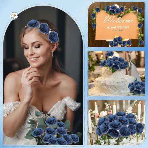 Miniatura 6 de 200 flores artificiales de seda falsa de 3 pulgadas con tallo de esmeralda, rosa sintética y tallo de 6 pulgadas para boda, ramo de novia, Azul