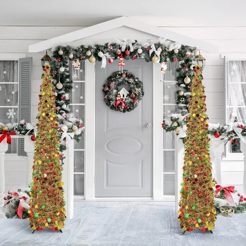 Miniatura 7 de Aoriher Árbol de Navidad de Oropel Dorado Preiluminado Emergente de 5 pies, Decoración Reutilizable Plegable con Lentejuelas Artificiales, Árbol