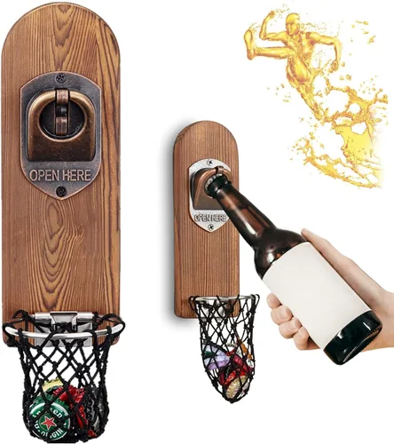 Miniatura 11 de Abrebotellas de cerveza montado en la pared con receptor de tapa magnética, abrebotellas magnético de madera para refrigerador, regalos de cerveza