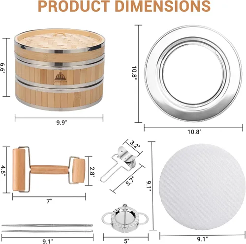 Miniatura 2 de Cesta para cocinar al vapor de bambú de 2 niveles Cesta para cocinar al vapor de bambú con forro reutilizable de silicona Kit de dim sum