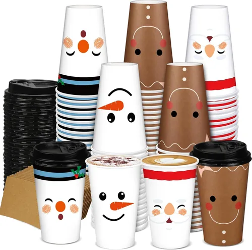 Miniatura 9 de Zhehao 90 piezas/30 juegos de tazas de café de papel navideñas con tapas y fundas, tazas de papel desechables para cacao caliente y fiestas