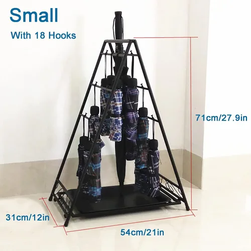 Miniatura 2 de Soporte plegable de metal de gran tamaño para paragüas, soporte para paragüas, oficina en casa, pasillo, almacenamiento con ganchos y bandeja Marrón
