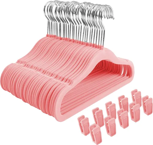 Miniatura 7 de Finnhomy ropa gancho de ropa para bebé y Kids 30-Pack de terciopelo antiderrapante colgador con 10 Clips de dedo Beige