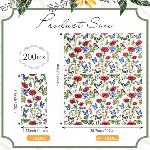 Miniatura 2 de Outus Paquete de 200 servilletas de 3 capas con diseño de mariposas y flores silvestres, servilletas de mano desechables de papel a granel